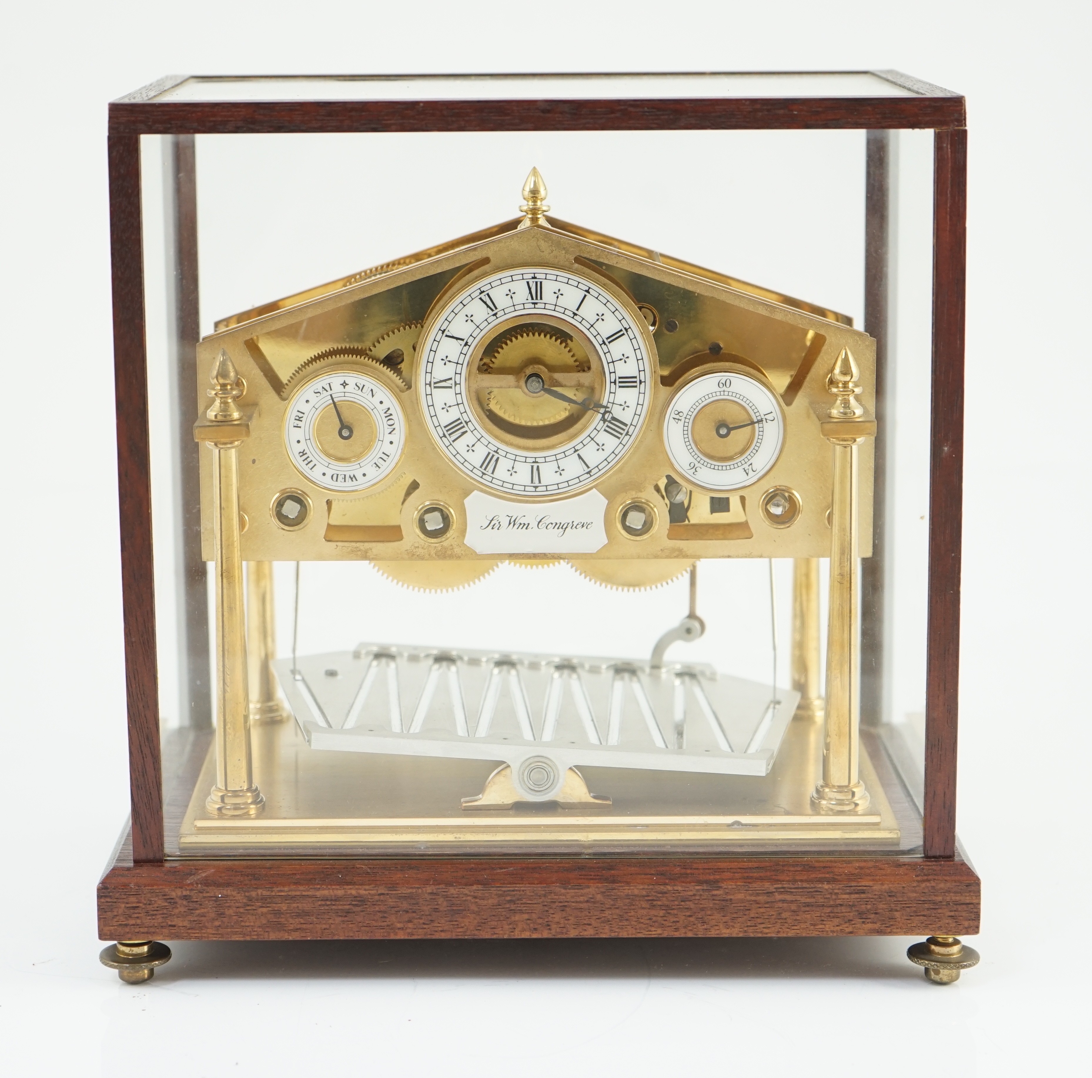 A Devon Clocks lacquered and silvered brass Congreve timepiece, 23cm wide, 15cm deep, 22cm high